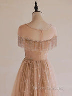 A-Line Lace Champagne Long Formal Prom Dress, Champagne Lace Long Formal Dress