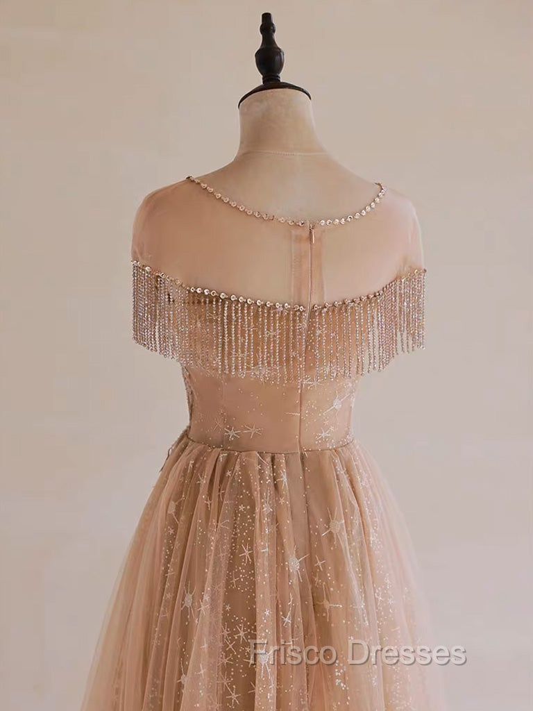 A-Line Lace Champagne Long Formal Prom Dress, Champagne Lace Long Formal Dress