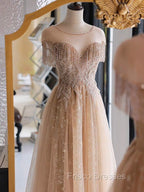 A-Line Lace Champagne Long Formal Prom Dress, Champagne Lace Long Formal Dress