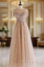 A-Line Lace Champagne Long Formal Prom Dress, Champagne Lace Long Formal Dress