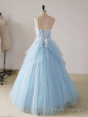 A-Line Lace Chicken Heart Collar Blue Long Ball Dress Sky Blue Prom Dress
