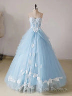 A-Line Lace Chicken Heart Collar Blue Long Ball Dress Sky Blue Formal Prom Dress