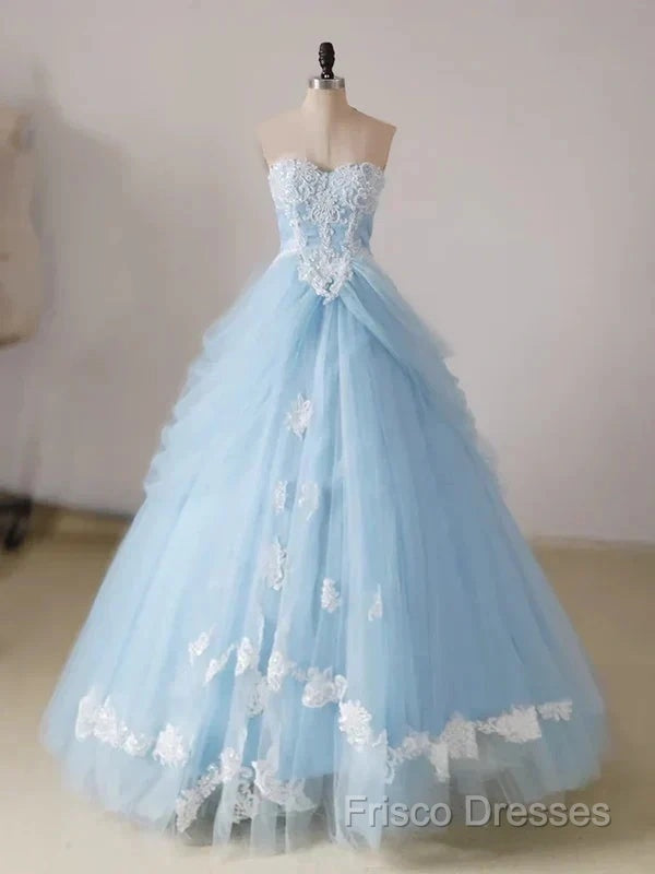 A-Line Lace Chicken Heart Collar Blue Long Ball Dress Sky Blue Formal Prom Dress