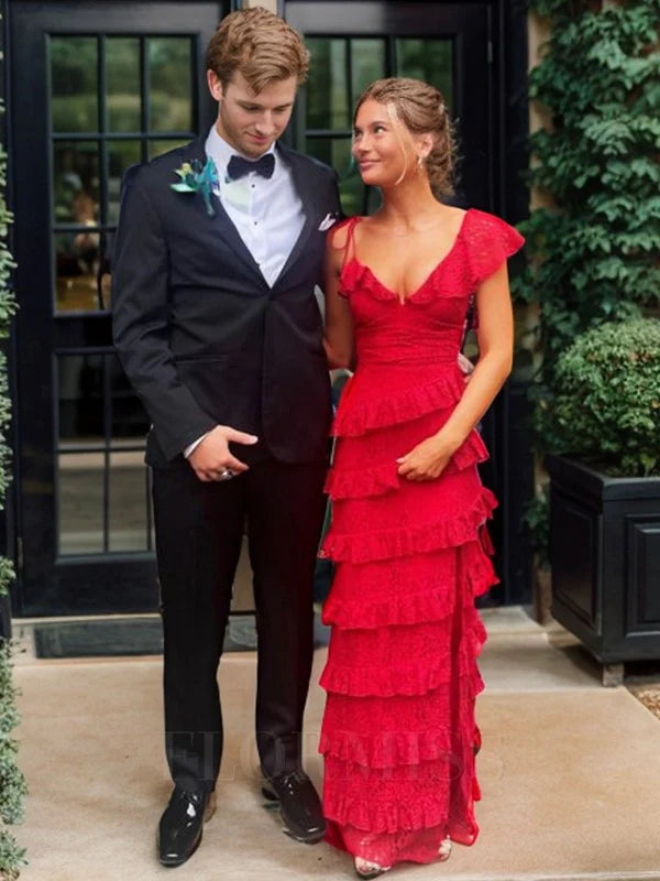 A Line Red Lace Long Prom Dresses