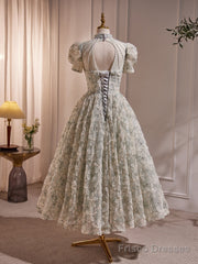 A-Line Lace Short Sleeves Beaded Tea Length Party Dress, High Neckline Lace Prom Dress