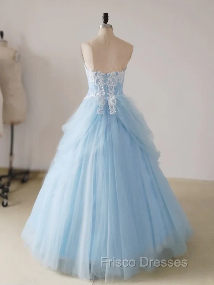 A-Line Lace Sweetheart Neck Blue Long Formal Prom Dress