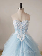 A-Line Lace Sweetheart Neck Blue Long Formal Prom Dress