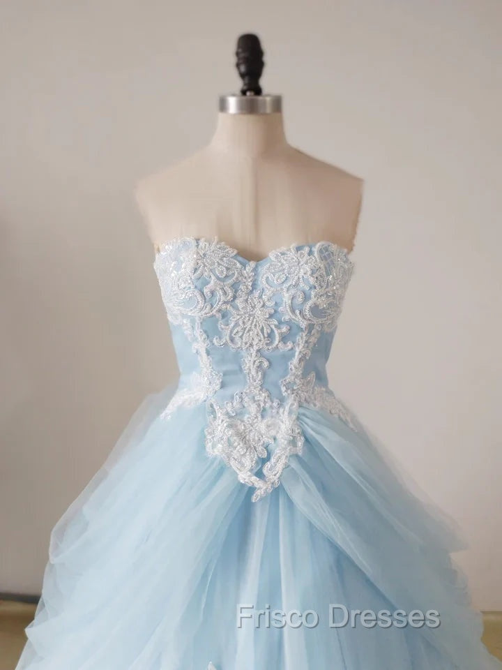 A-Line Lace Sweetheart Neck Blue Long Formal Prom Dress