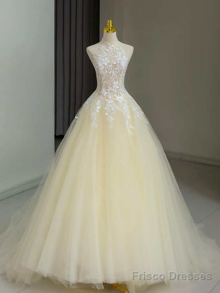 A-Line Lace Tulle Champagne Long Prom Dress, Tulle Lace Long Graduation Dress Main image