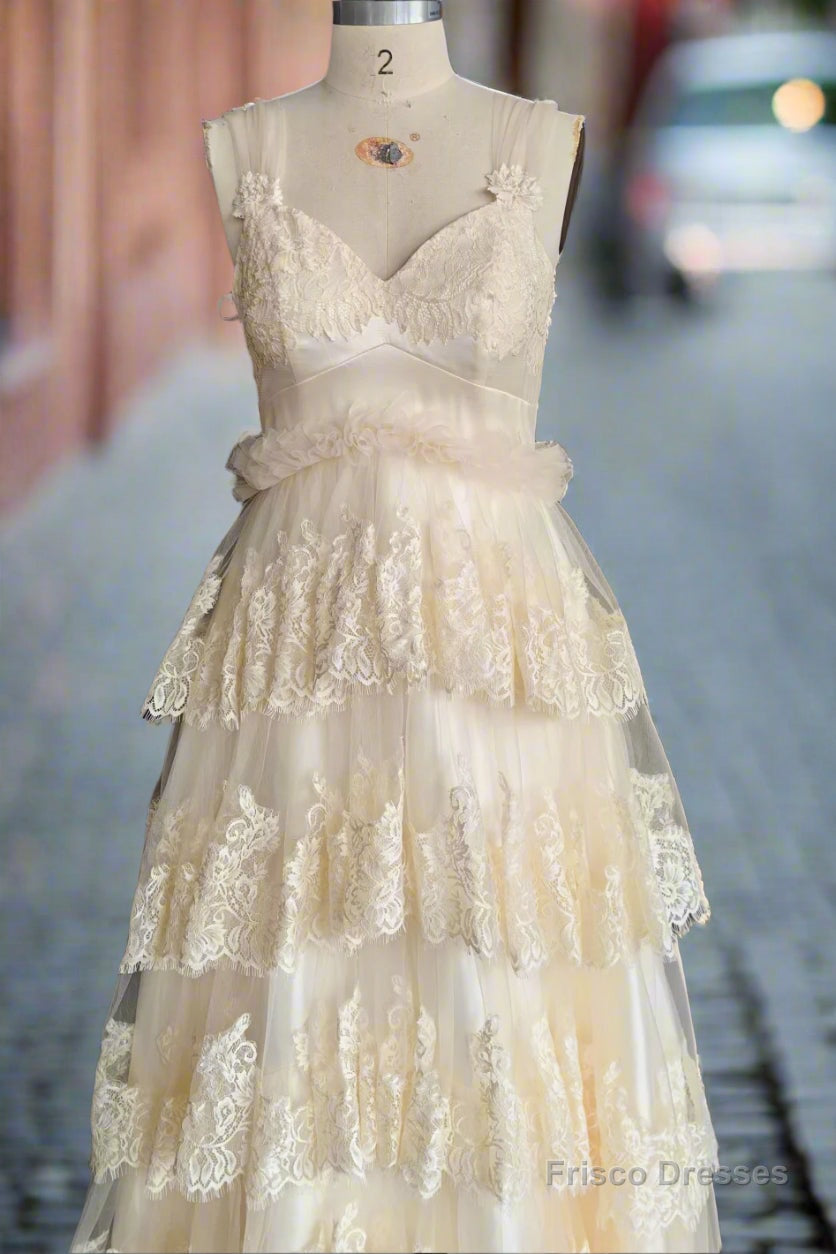 A Line Lace Tulle Prom Dresses Womens V-Neck Elegant Lace Wedding Dress With Tulle Tiered Skirt Secondary image