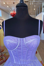A-Line Lavender Shiny Tulle Formal Prom Dress, Long Spaghetti Strap Evening Dress
