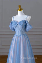 A-line Light Blue and Pink Long Evening Dress, Blue Party Dress Formal Prom Dress