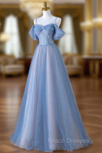 A-line Light Blue and Pink Long Evening Dress, Blue Party Dress Formal Prom Dress