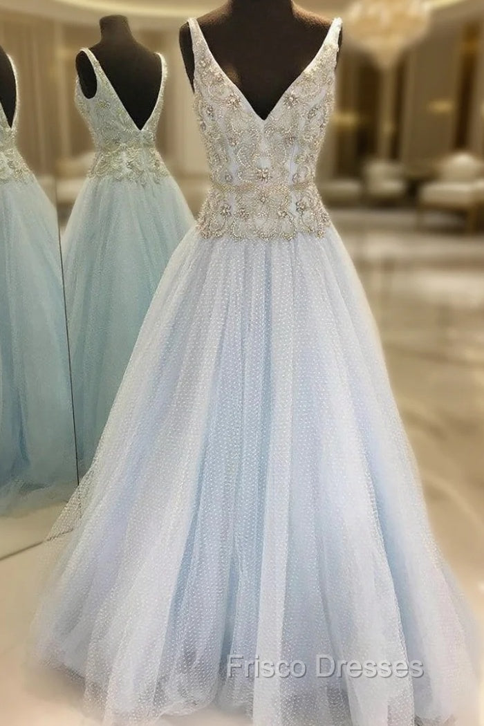 A-Line Light Blue Tulle V-neck Backless With Beading Formal Prom Dress Main image