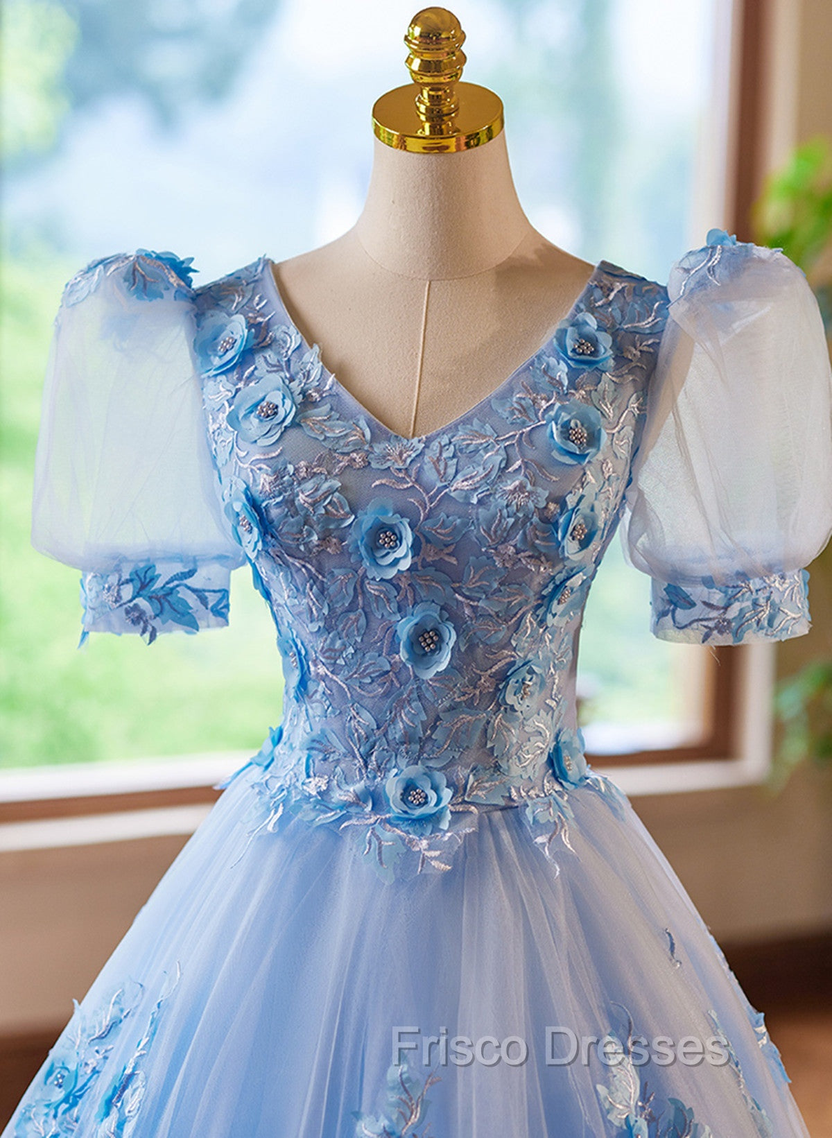 A-Line Light Blue Tulle With Lace Short Sleeves Formal Prom Dress, Tulle Sweet 16 Dress Secondary image