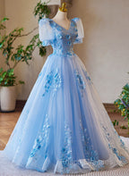 A-Line Light Blue Tulle With Lace Short Sleeves Formal Prom Dress, Tulle Sweet 16 Dress