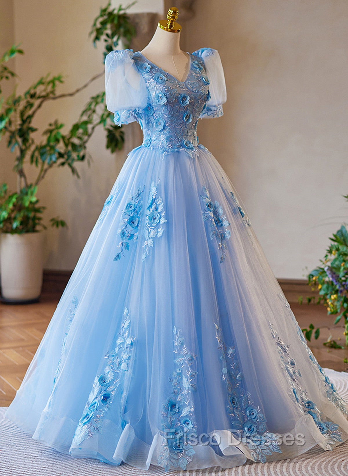 A-Line Light Blue Tulle With Lace Short Sleeves Formal Prom Dress, Tulle Sweet 16 Dress