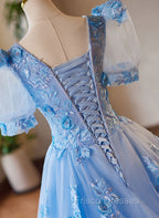 A-Line Light Blue Tulle With Lace Short Sleeves Formal Prom Dress, Tulle Sweet 16 Dress
