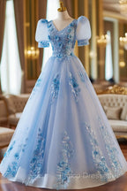 A-Line Light Blue Tulle With Lace Short Sleeves Formal Prom Dress, Tulle Sweet 16 Dress