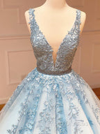 A Line Light Blue V Neck Lace Long Formal Prom Dress