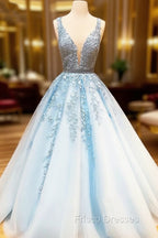 A Line Light Blue V Neck Lace Long Formal Prom Dress