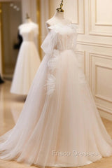 A-Line Light Champagne Long Formal Prom Dress, Light Champagne Lace Formal Dress