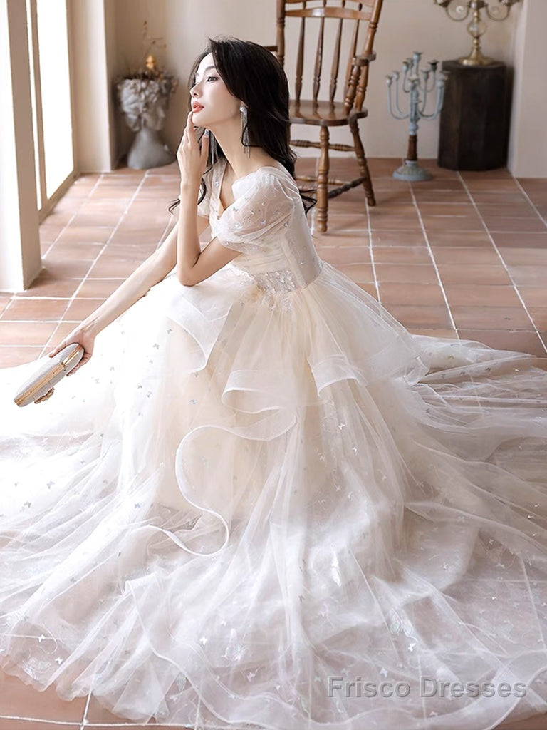 A-Line Light Champagne Tulle Lace Long Prom Dress, Light Champagne Long Evening Dress Secondary image