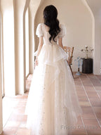 A-Line Light Champagne Tulle Lace Long Prom Dress, Light Champagne Long Evening Dress