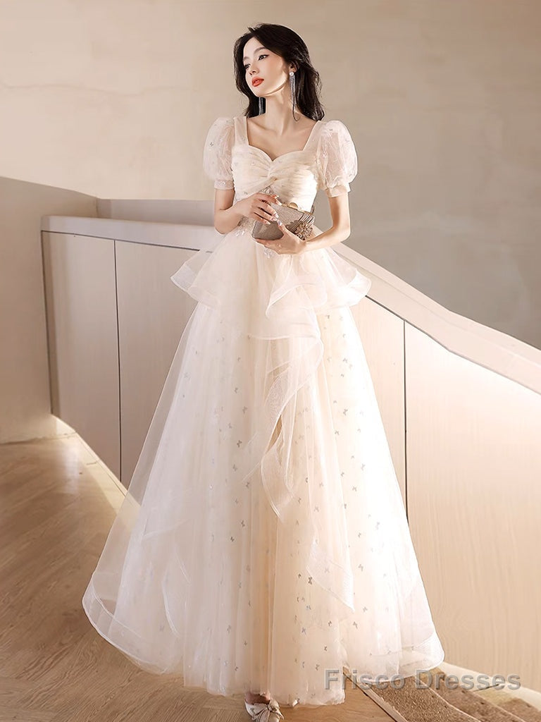A-Line Light Champagne Tulle Lace Long Prom Dress, Light Champagne Long Evening Dress