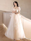 A-Line Light Champagne Tulle Lace Long Prom Dress, Light Champagne Long Evening Dress