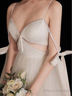 A-Line Light Champagne Tulle Long Prom Dress, Champagne Formal Dress