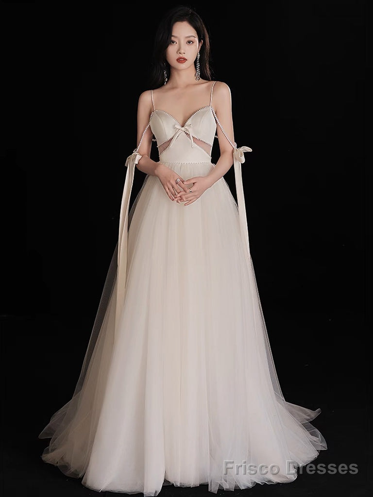 A-Line Light Champagne Tulle Long Prom Dress, Champagne Formal Dress Main image