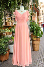 A-Line Light Coral Ruffled Flutter Sleeves Chiffon Bridesmaid Dress