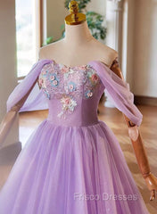 A-Line Light Purple Sweethart Lace Applique Party Dress, Purple Long Formal Prom Dress