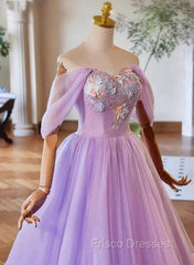 A-Line Light Purple Sweethart Lace Applique Party Dress, Purple Long Formal Prom Dress