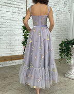 A-line Lilac Tea Length Tulle Prom Dress with Embroidery