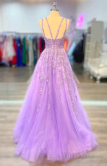 A-Line Lilac Tulle  Prom Dresses Violet V-Neck Formal Evening Dresses Uk