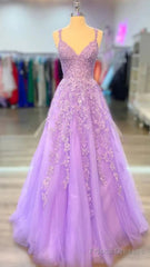 A-Line Lilac Tulle  Prom Dresses Violet V-Neck Formal Evening Dresses Uk