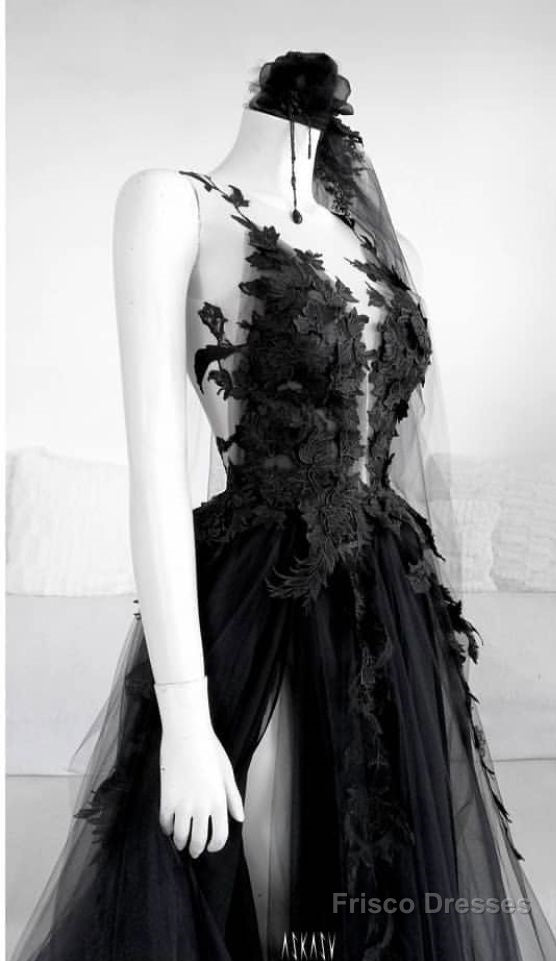 A Line Long Black Tulle Lace Prom Dress