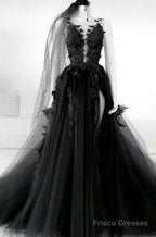 A Line Long Black Tulle Lace Prom Dress