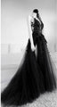 A Line Long Black Tulle Lace Prom Dress