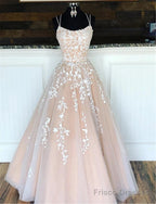 A Line Long Lace Prom Dresses Spaghetti Straps Sleeveless