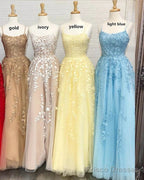 A Line Long Lace Prom Dresses Spaghetti Straps Sleeveless
