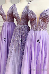 A-Line Long Lace Purple Prom Dress V-Neck Lilac Party Dresses