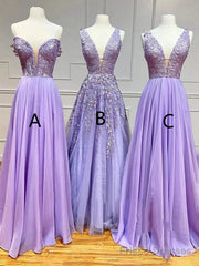 A-Line Long Lace Purple Prom Dress V-Neck Lilac Party Dresses
