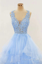 A-Line Long Layers Lace Formal Prom Dress Light Blue Beaded Appliques