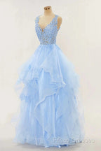 A-Line Long Layers Lace Formal Prom Dress Light Blue Beaded Appliques