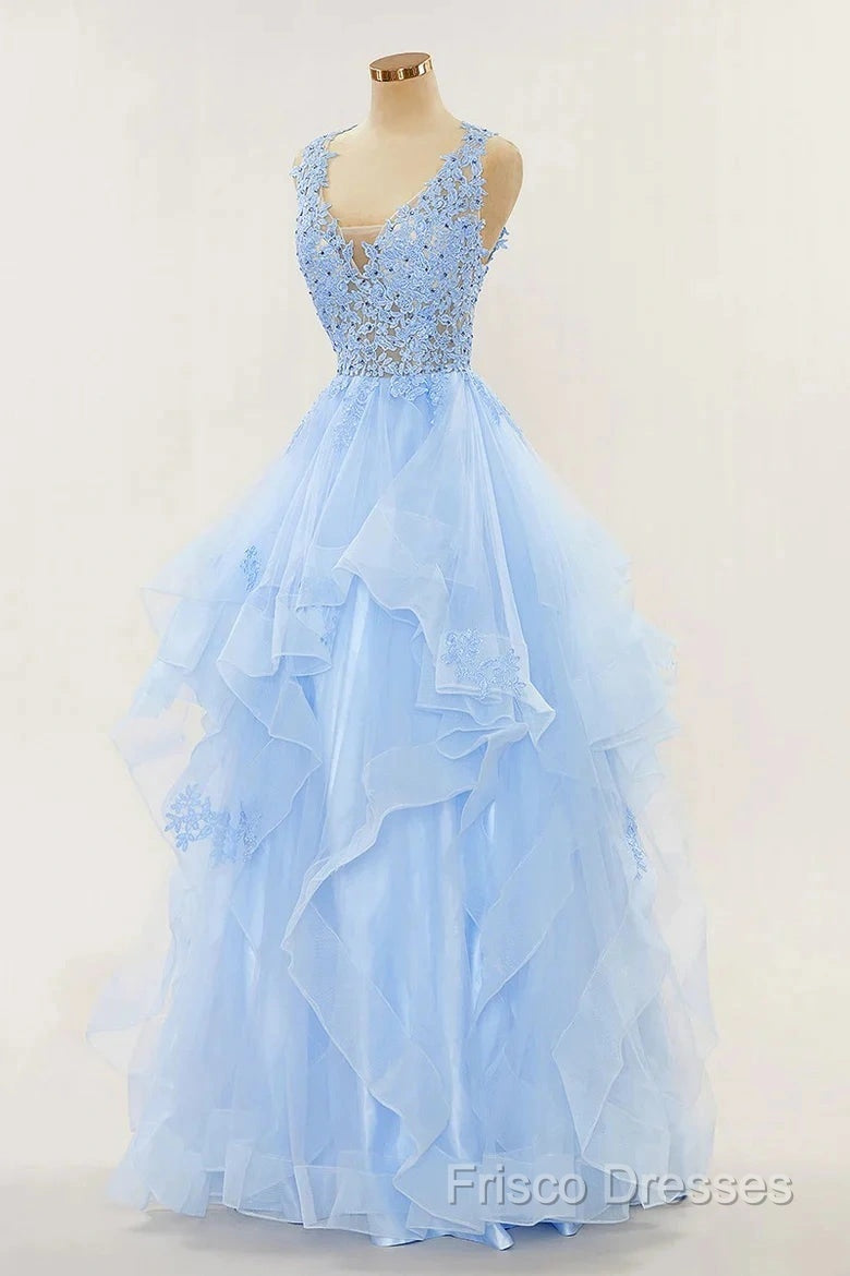 A-Line Long Layers Lace Formal Prom Dress Light Blue Beaded Appliques