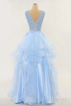A-Line Long Layers Lace Formal Prom Dress Light Blue Beaded Appliques
