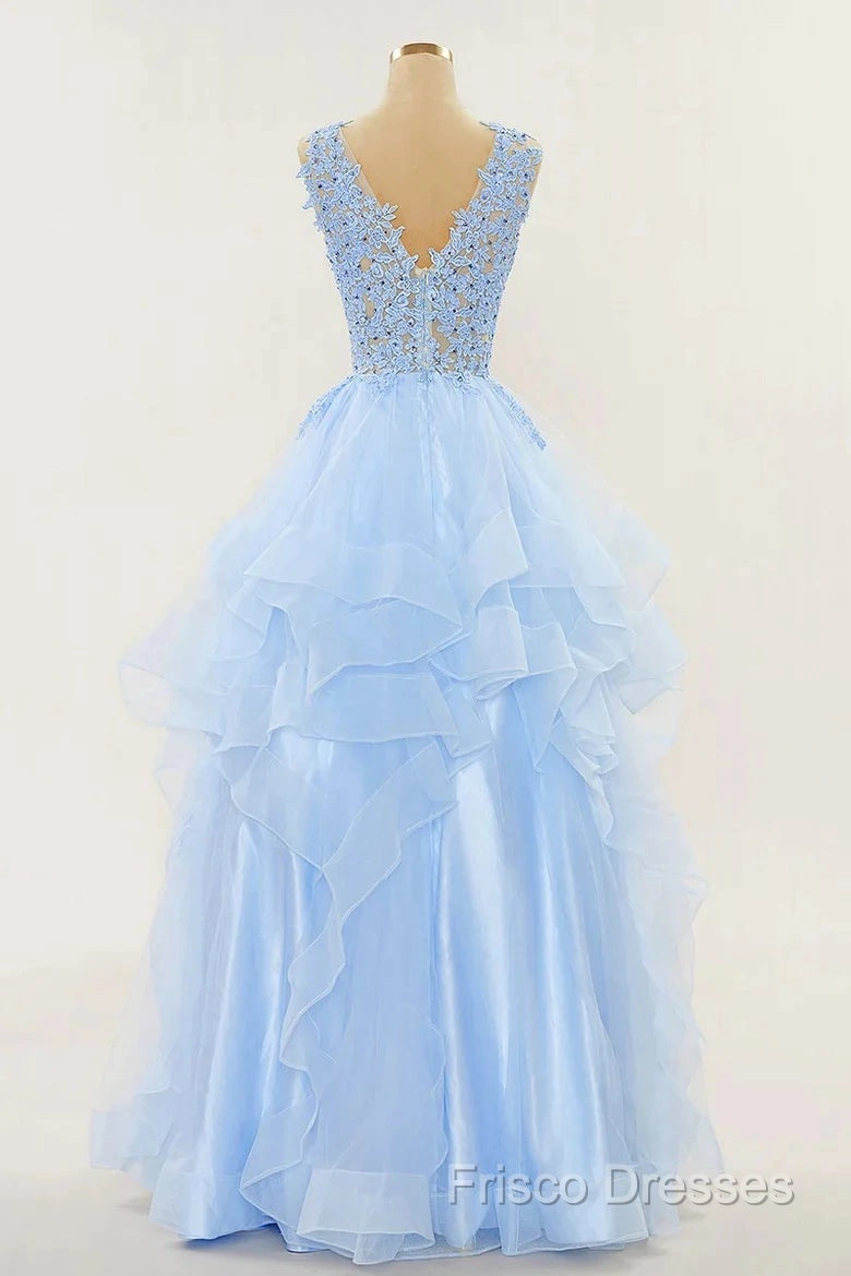 A-Line Long Layers Lace Formal Prom Dress Light Blue Beaded Appliques